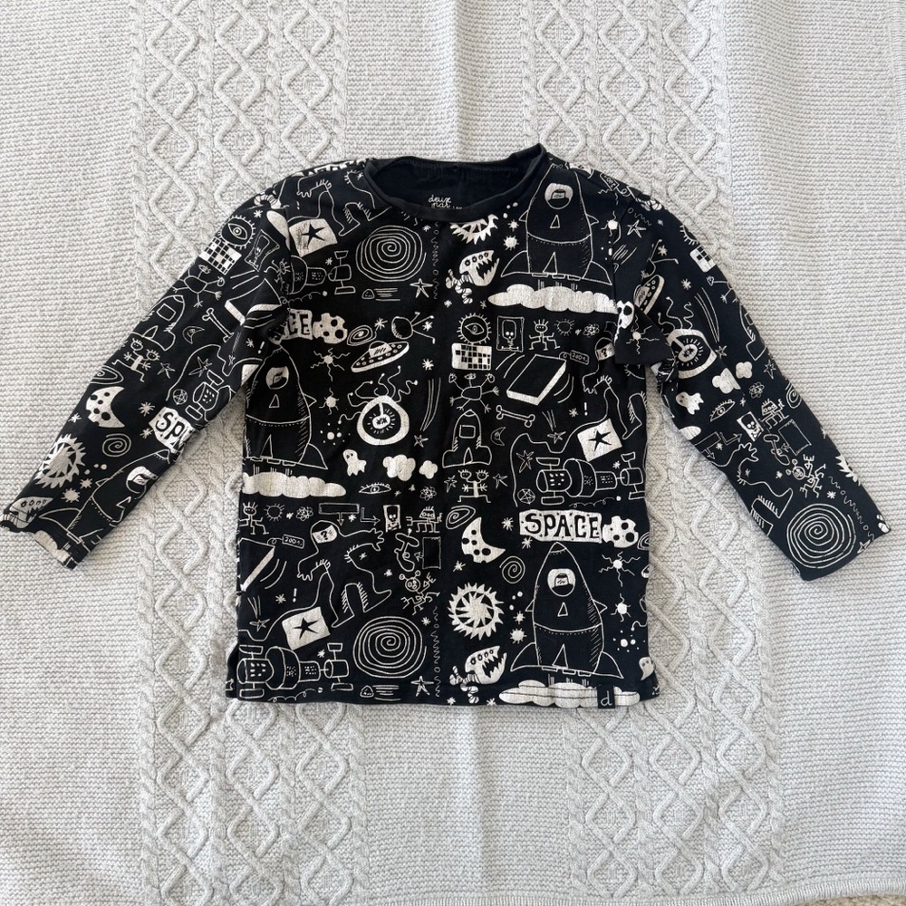 Deux par Deux Graphic Long Sleeve Tee Black & White Space Design